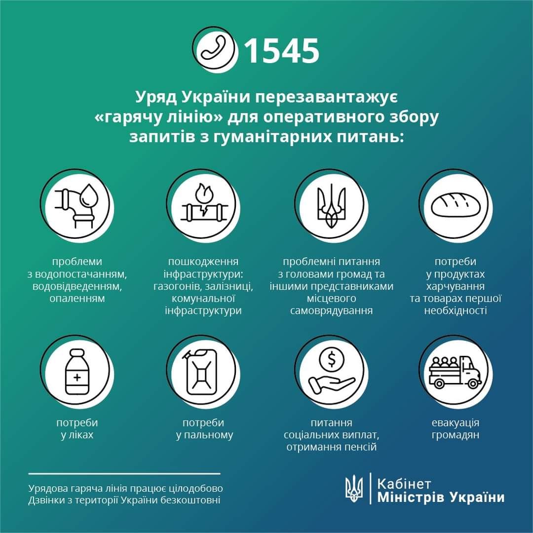 УВАГА! Уряд України перезавантажує «гарячу лінію» для оперативного збору запитів з гуманітарних питань
